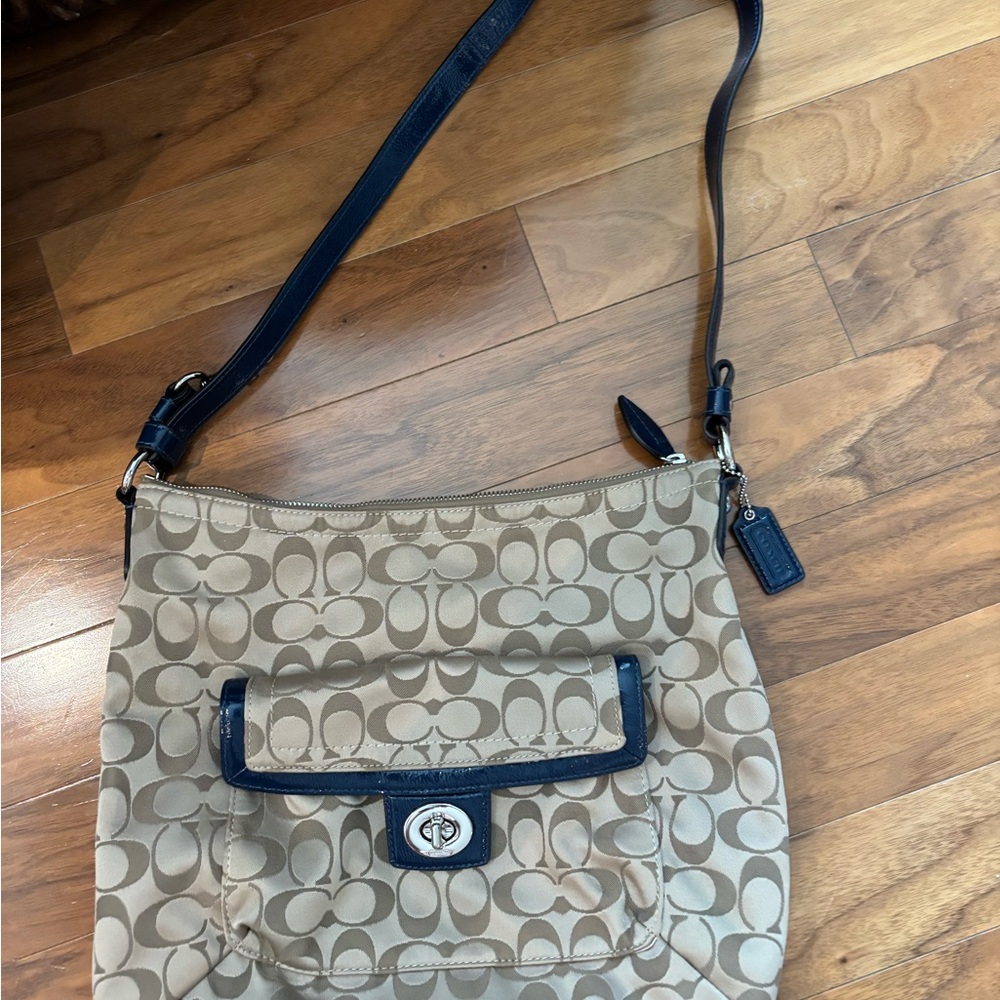 Coach Tan and Blue Crossbody Bag with Signature Design